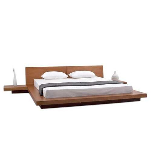 Image of King size Modern Japanese Style Platform Bed with Headboard and 2 Nightstands in Oak