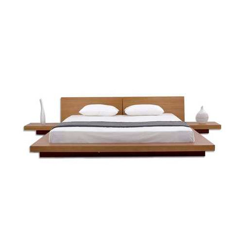 Image of King size Modern Japanese Style Platform Bed with Headboard and 2 Nightstands in Oak