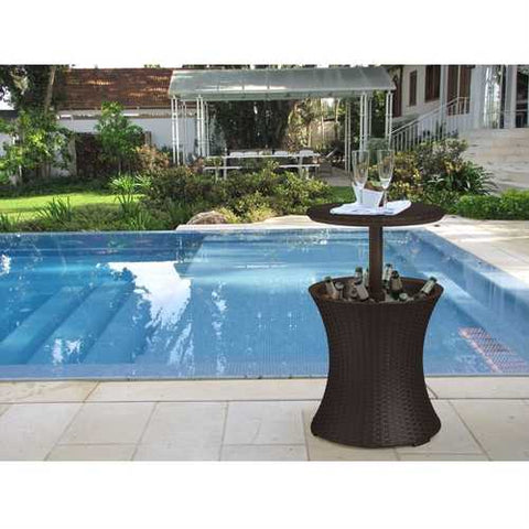 Image of Outdoor Patio Pool Cocktail Table Cooler Bar in Brown Wicker Resin