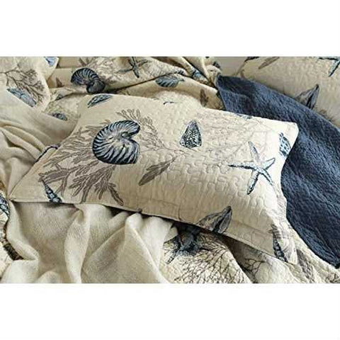 Image of King size 3-Piece Bedspread Quilt Set in 100-Percent Cotton with Seashells Ocean Beach Nautical Pattern