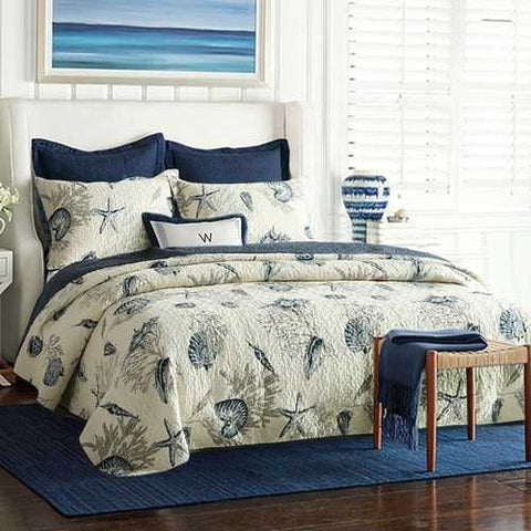 Image of King size 3-Piece Bedspread Quilt Set in 100-Percent Cotton with Seashells Ocean Beach Nautical Pattern