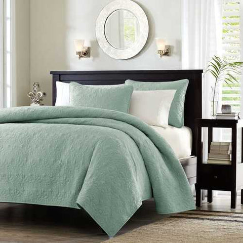 Image of King size Seafoam Green Blue Coverlet Set with Quilted Floral Pattern