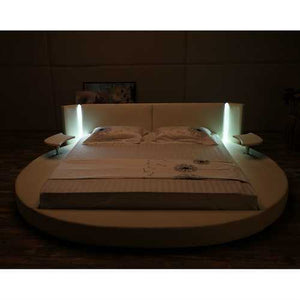 King size Round White Faux Leather Platform Bed with LED Headboard and Nightstands