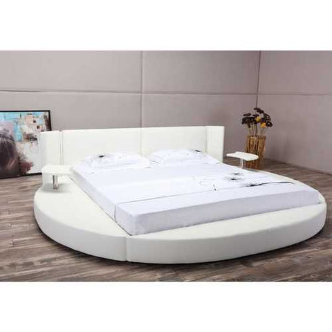 Image of King size Round White Faux Leather Platform Bed with LED Headboard and Nightstands