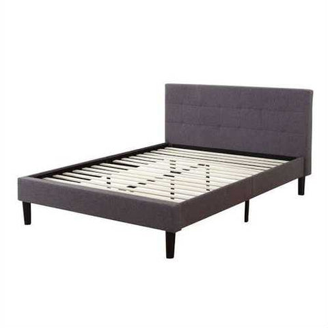 Image of King Grey Linen Upholstered Platform Bed with Tufted Padded Headboard