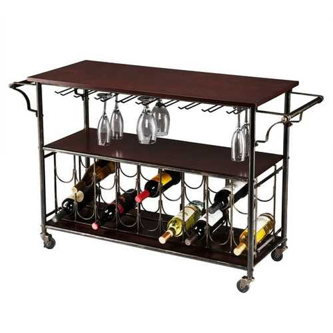 Image of Wood Top Kitchen Island Wine Rack Cart with Storage Shelf