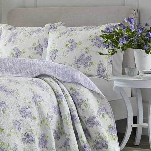 Image of Full / Queen size 3-Piece Cotton Quilt Set with White Purple Floral Pattern