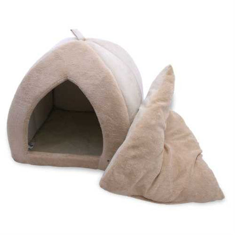 Image of Tan 18-inch Large Dog Bed Tent with Soft Fleece Linning