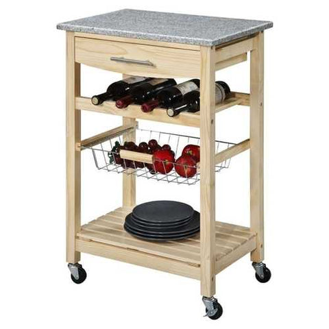 Image of Natural Wood Finish Kitchen Island Cart with Granite Top