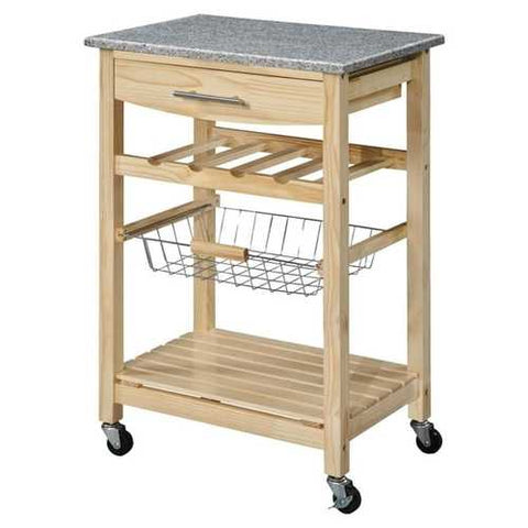 Image of Natural Wood Finish Kitchen Island Cart with Granite Top