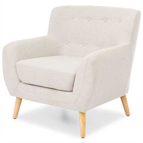 Image of Light Grey Upholstered Tufted Armchair with Mid-Century Style Wood Legs