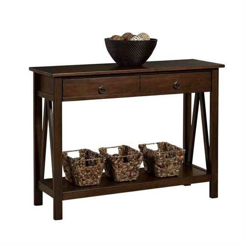 Image of 2-Drawer Console Sofa Table Living Room Storage Shelf in Tobacco Brown