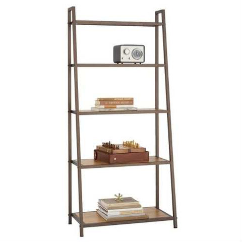 Image of Steel Frame 5-Shelf Leaning Shelving Unit Bookcase with Bamboo Shelves