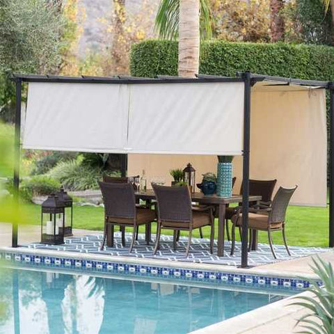 Image of 10-ft x 12-ft Dark Brown Steel Metal Pergola Outdoor Gazebo with Retractable Ivory Shade Canopy