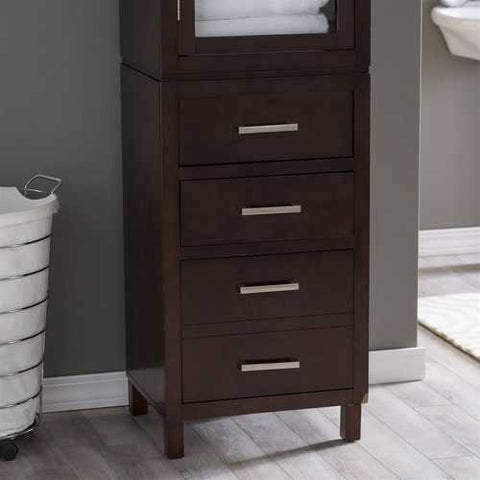 Image of Espresso Wood Linen Tower Bathroom Storage Cabinet with Glass Paneled Door