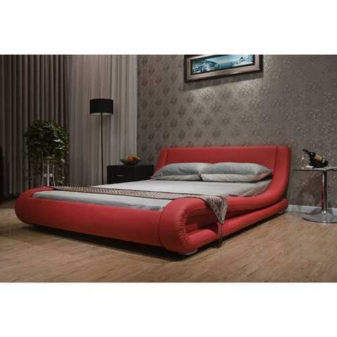 Image of King size Modern Red Faux Leather Upholstered Platform Bed with Curved Headboard