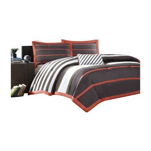 Full / Queen Bed Bag Comforter Set in Dark Gray Orange White Stripes