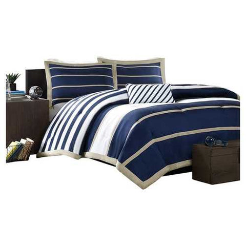 Image of Full / Queen size Comforter Set in Navy Blue White Khaki Stripe