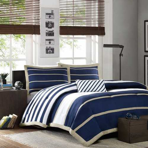 Image of Full / Queen size Comforter Set in Navy Blue White Khaki Stripe