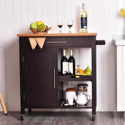 Image of Modern Black Bamboo Kitchen Island Cart with Wood Top