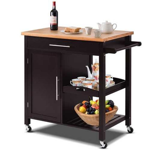 Image of Modern Black Bamboo Kitchen Island Cart with Wood Top