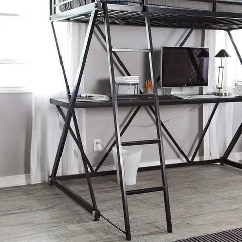 Image of Modern Twin over Desk Loft Bed with Ladder in Black Metal Finish