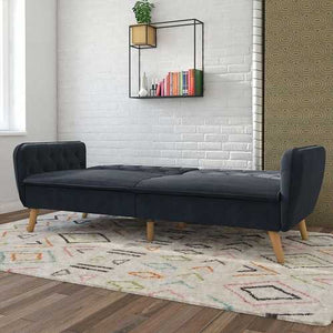 Memory Foam Blue Velvet Upholstered Futon Sofa Bed with Mid-Century Style Wood Legs