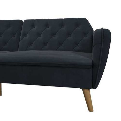 Image of Memory Foam Blue Velvet Upholstered Futon Sofa Bed with Mid-Century Style Wood Legs