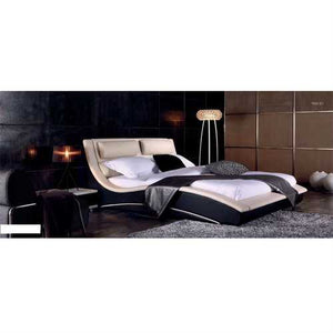 Queen size Modern Curvy Upholstered Platform Bed with Headboard in Cream Black Faux Leather