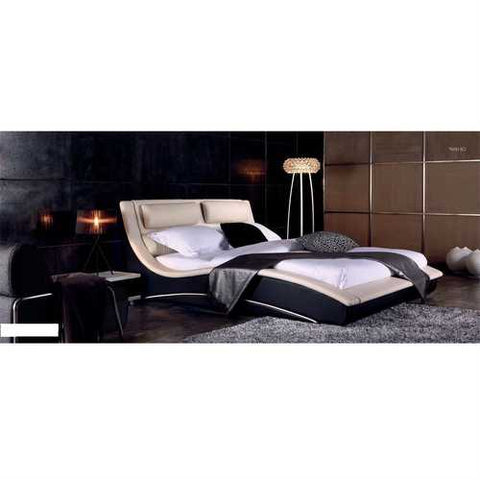 Image of Queen size Modern Curvy Upholstered Platform Bed with Headboard in Cream Black Faux Leather