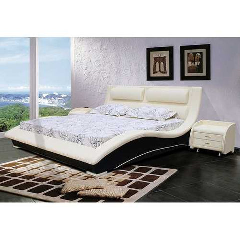 Image of Queen size Modern Curvy Upholstered Platform Bed with Headboard in Cream Black Faux Leather