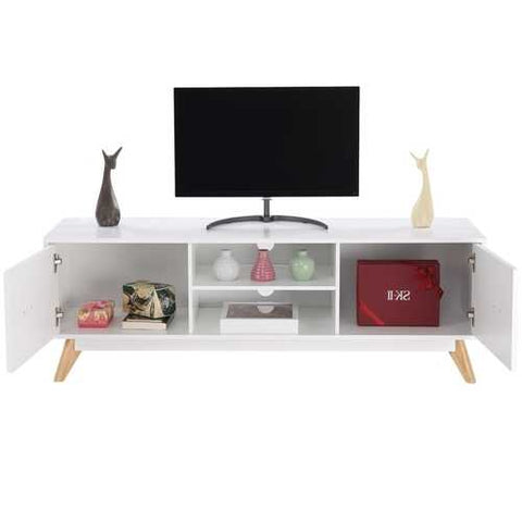 Image of Modern Mid Century Style White TV Stand with Wood Legs