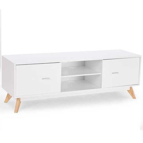 Image of Modern Mid Century Style White TV Stand with Wood Legs