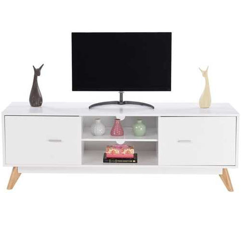 Image of Modern Mid Century Style White TV Stand with Wood Legs