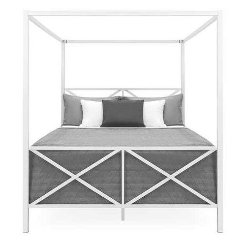 Image of Queen size Modern Industrial Style White Metal Canopy Bed Frame