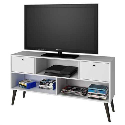 Image of Mid-Century Modern Entertainment Center TV Stand in White Grey Wood Finish