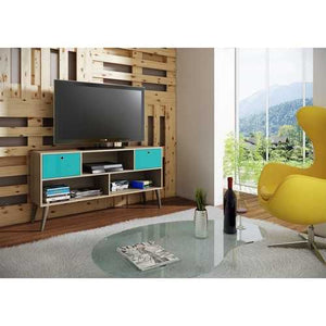 Modern Classic Mid-Century TV Stand Entertainment Center in Oak Aqua Grey Wood Finish