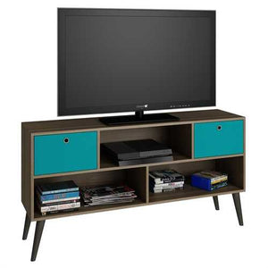 Modern Classic Mid-Century TV Stand Entertainment Center in Oak Aqua Grey Wood Finish