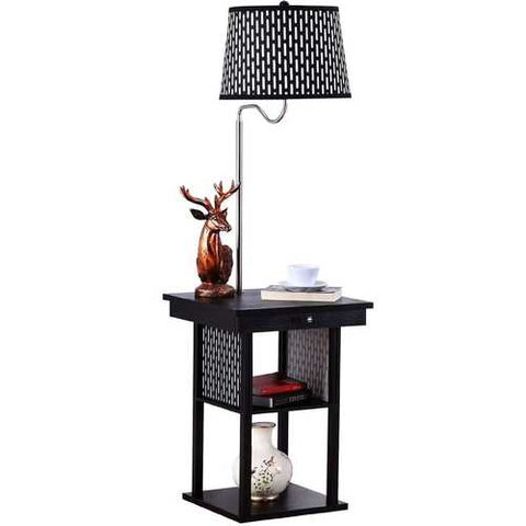 Image of 2-in1 Floor Lamp Side Table with Patterned Shade and USB Ports