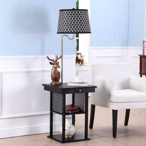 Image of 2-in1 Floor Lamp Side Table with Patterned Shade and USB Ports