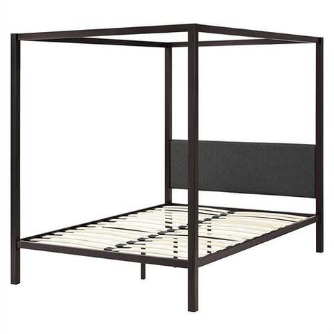 Image of Queen size Brown Metal Canopy Bed Frame with Grey Upholstered Headboard