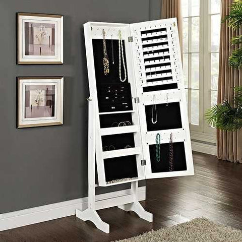 Image of Modern Jewelry Armoire Full Length Tilting Cheval Mirror in Gloss White Finish