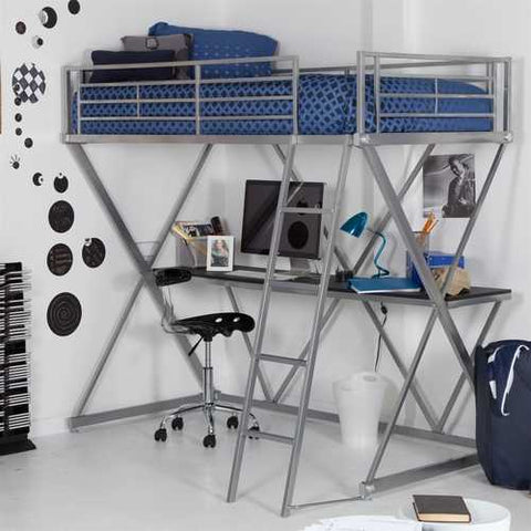 Image of Modern Bunk Bed style Twin Loft Bed with Desk in Silver Metal Finish