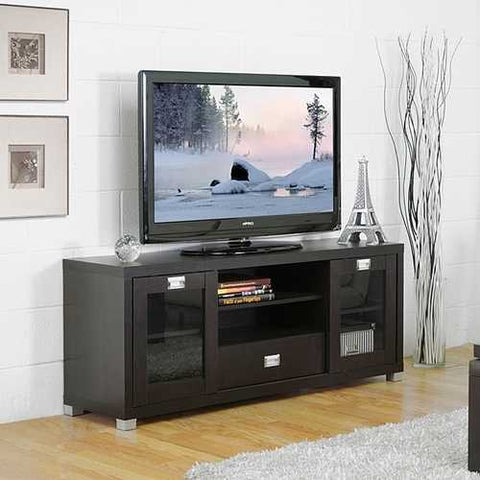 Image of Modern Glass Door TV Stand in Dark Brown