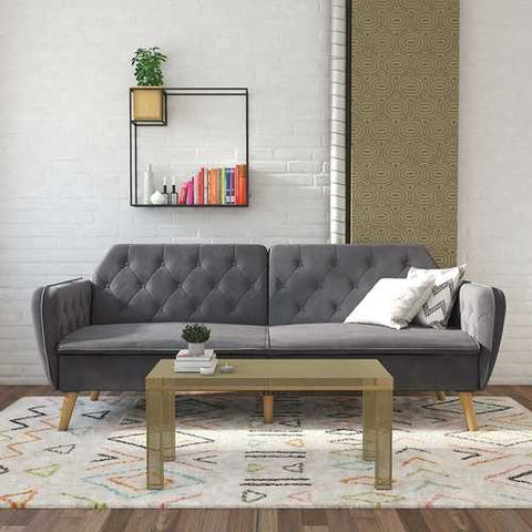 Image of Memory Foam Futon Sofa Bed with Grey Velvet Upholstery and Wooden Legs