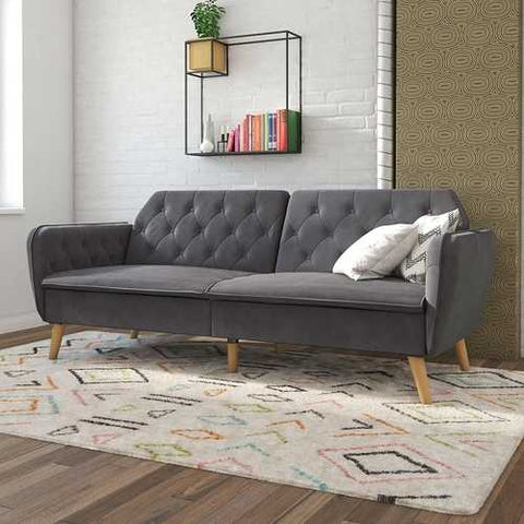 Image of Memory Foam Futon Sofa Bed with Grey Velvet Upholstery and Wooden Legs