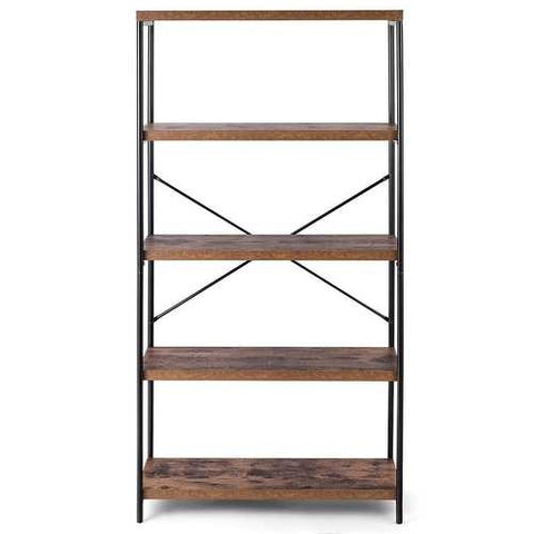 Image of Industrial Metal Wood 5-Tier Bookcase Storage Rack Book Shelf