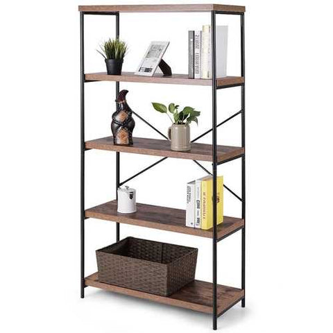 Image of Industrial Metal Wood 5-Tier Bookcase Storage Rack Book Shelf