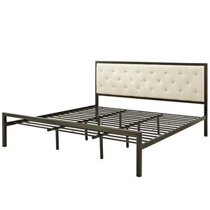 King size Modern Metal Platform Bed Frame with Beige Upholstered Headboard