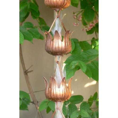 Image of Copper 8.5 Ft Flower Cups Rain Chain Gutter Rainwater Downspout